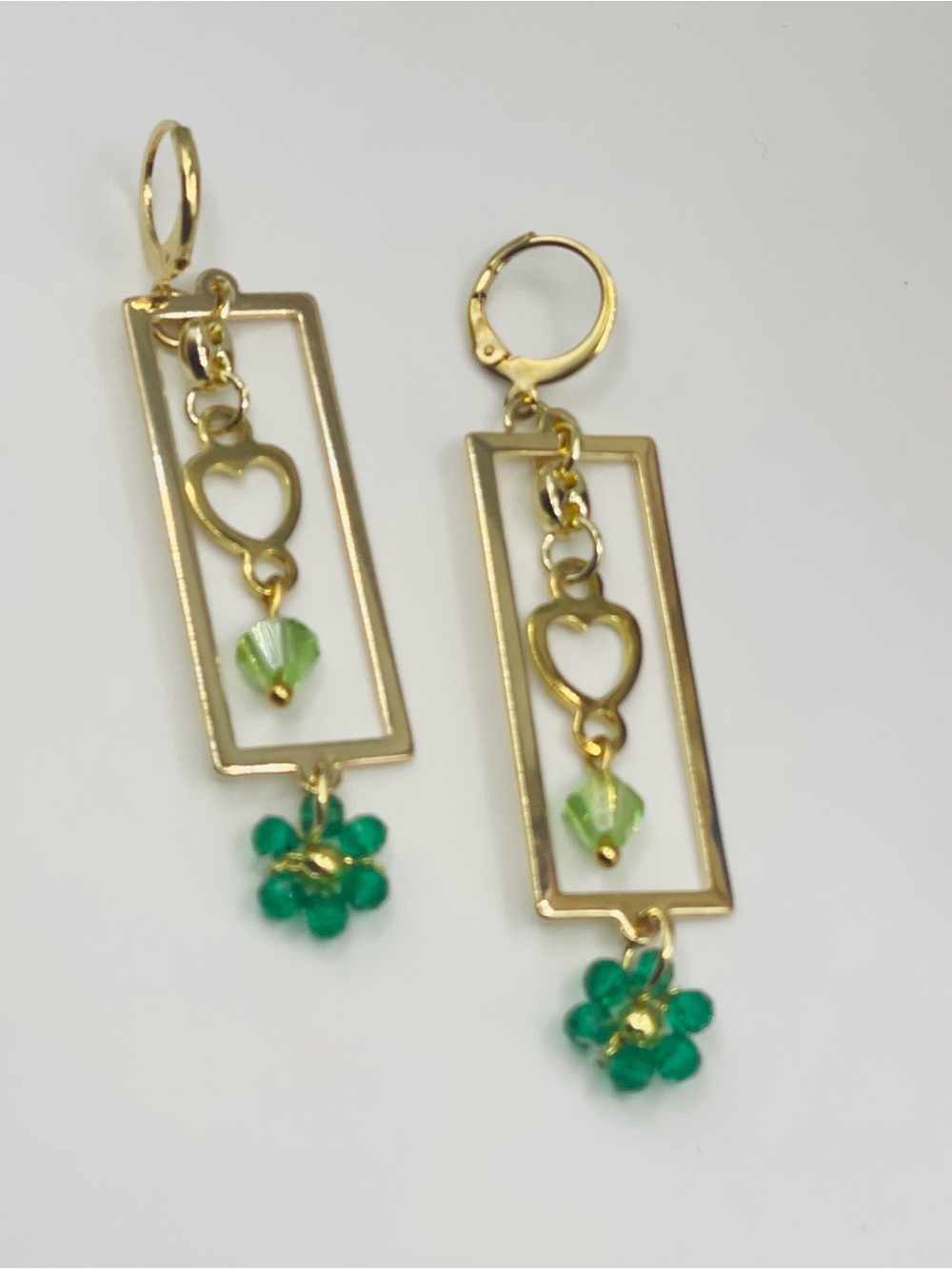 Tulamari original Gold Frame Heart Drop Earrings with Green Bead Flower
